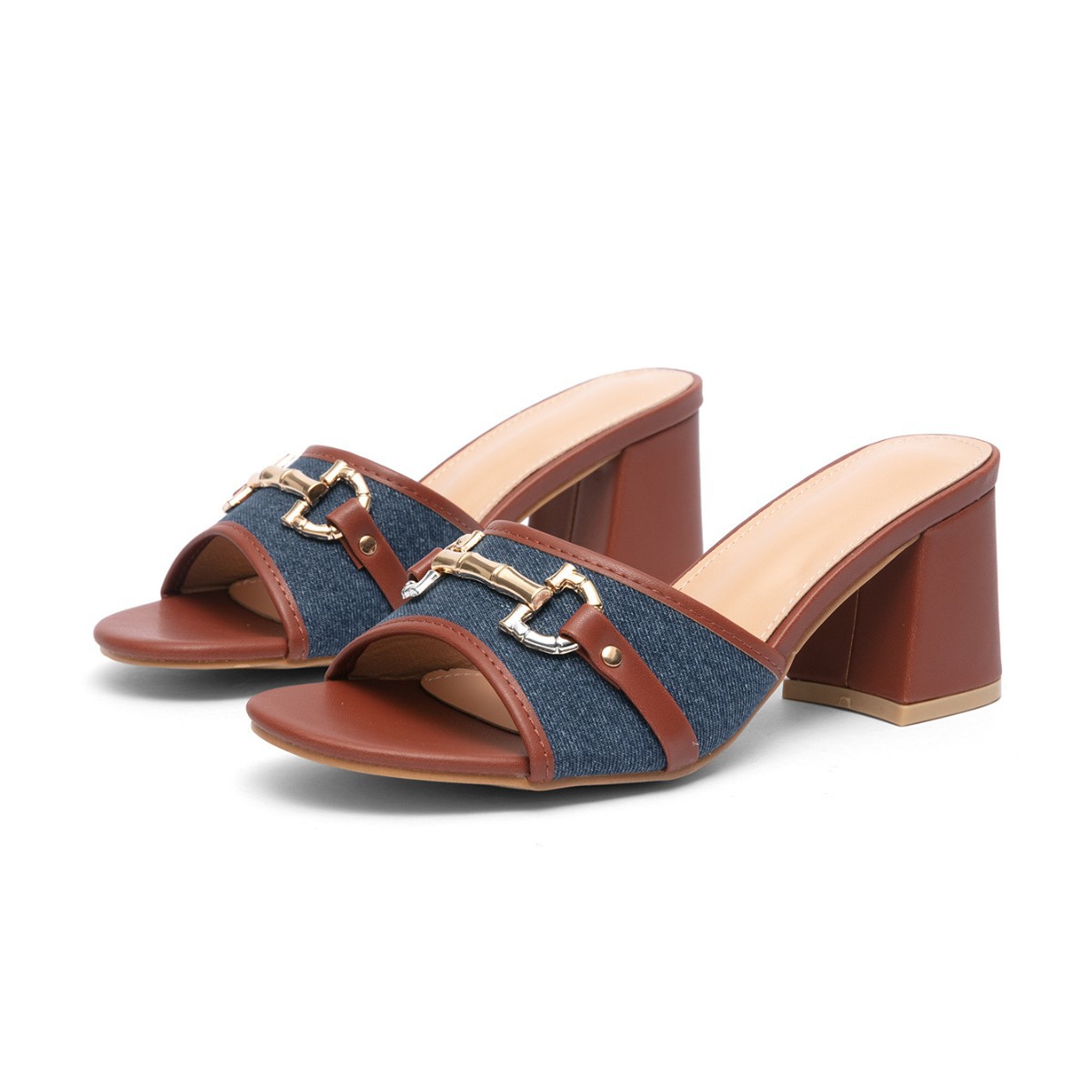 New Style Chunky-heeled Square-toe Slip-on Fashionable European And American-style Sandals