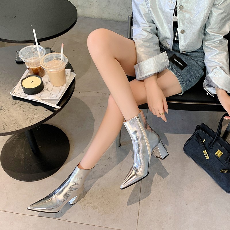 Chunky Heel Retro Ankle Boots Women Pointed French foto 5
