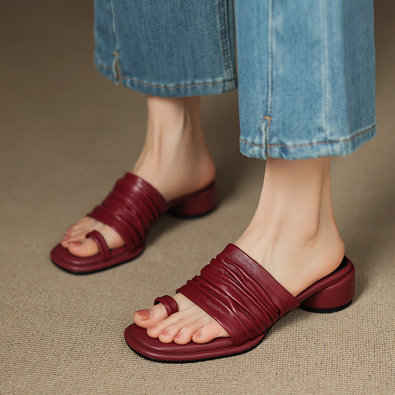 Women's Handmade Genuine Sheepskin Ruched Toe-Loop Block Heel Mules, Square-Toe Slide Sandals foto 5