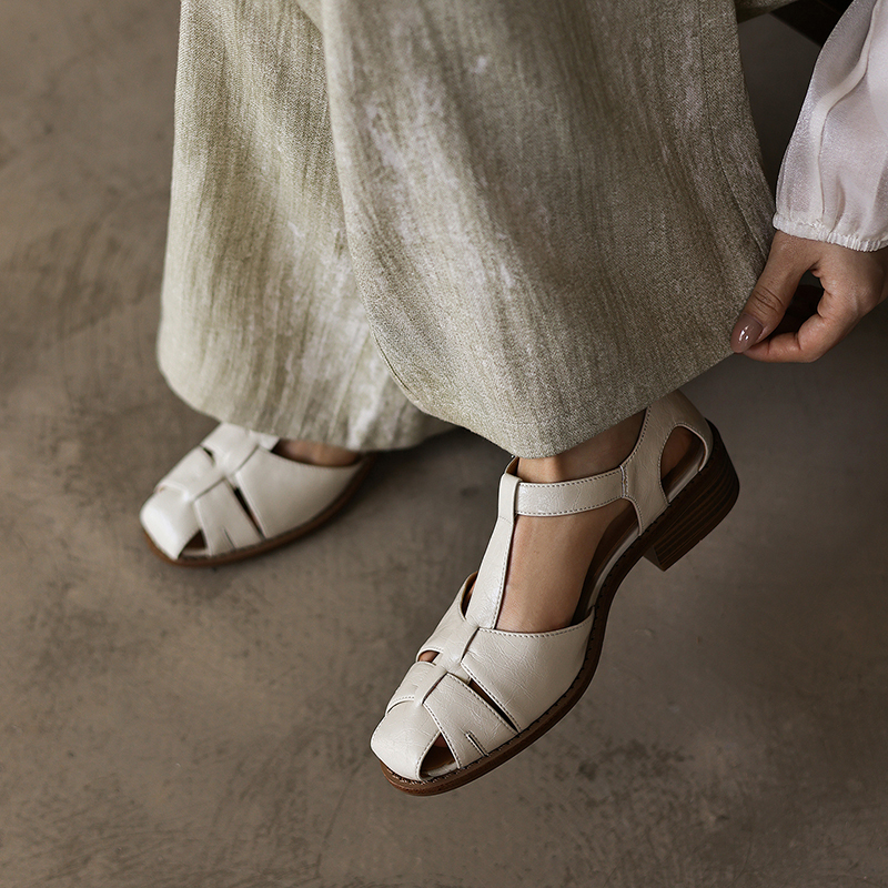 Women's Washed Full-Grain Leather Fisherman Sandals, Handmade Woven T-Strap Block Heel Shoes foto 3