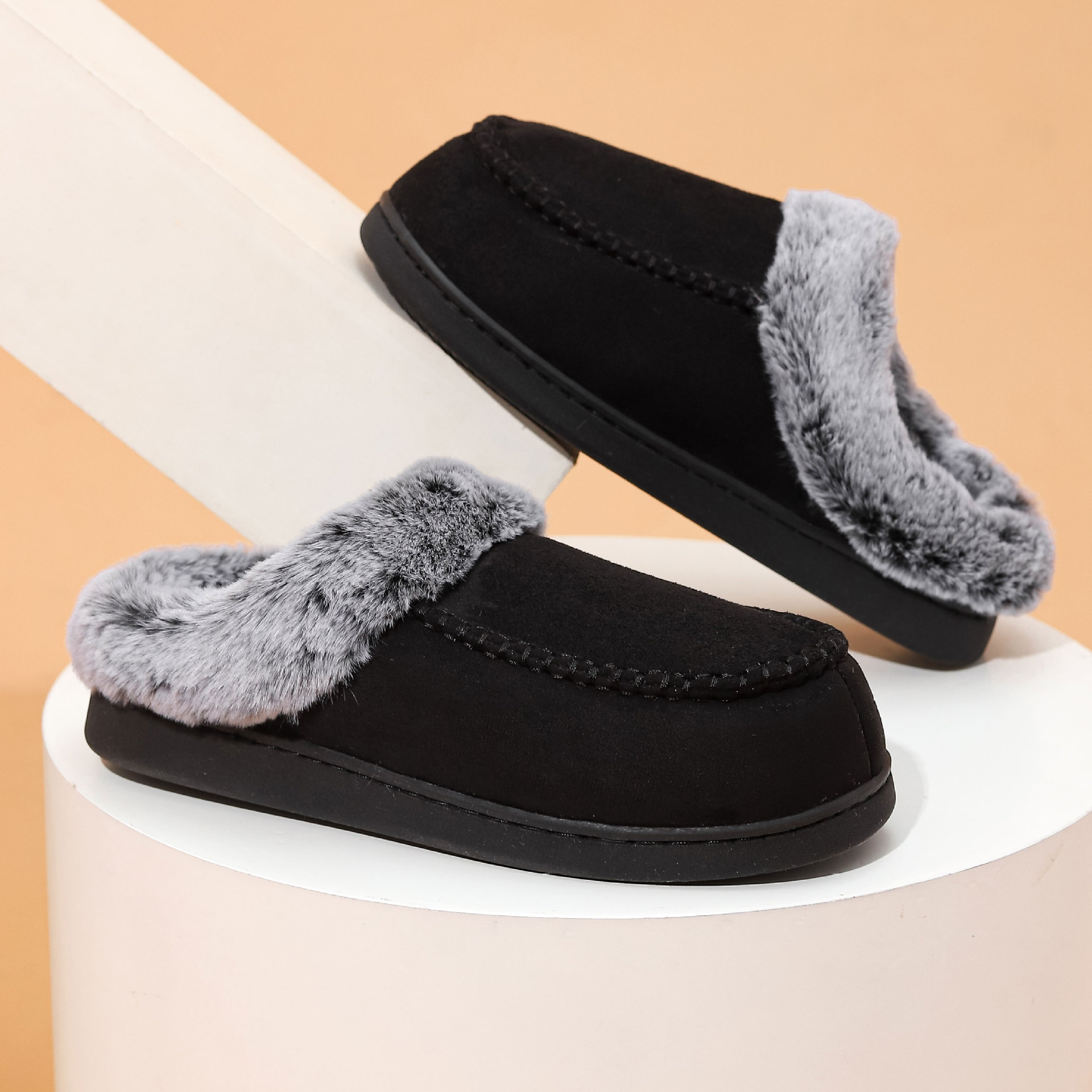 Men's Faded-Edge Mark Shoes WarmIndoor-Outdoor Fleece-LinedNon-Slip Thickened Cotton Slippers foto 2