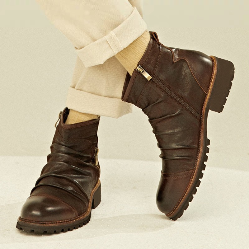 Retro Round Toe PU Leather Side Zipper Martin Chunky Heel Ankle Boots foto 5