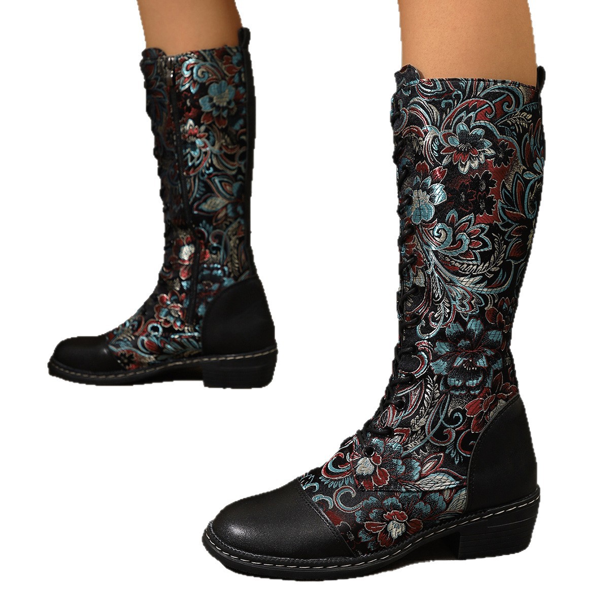 Womens Embroidered Ethnic-Style Chunky-Heel Boots foto 4