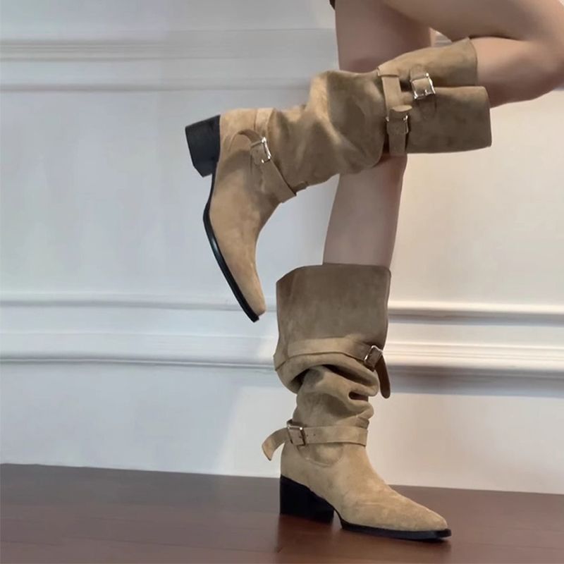 Autumn Khaki Suede Pointed-Toe Boots With Chunky Heels For Women foto 4