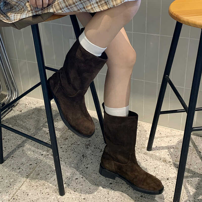 Genuine Leather Mid-calf Vintage Straight-leg Riding Single-layer Boots foto 4