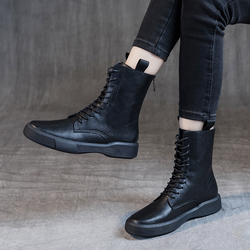 Flat Heel Retro Low Leather Boots Soft Bottom Lace Up Back Zipper foto 5