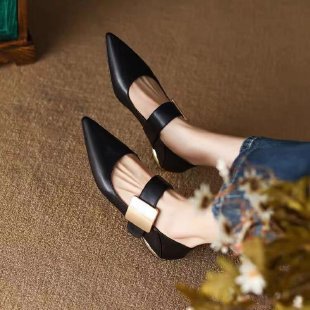 Womens Metallic Buckle Colorblock Shallow-Heel Chunky Heel Pumps foto 5