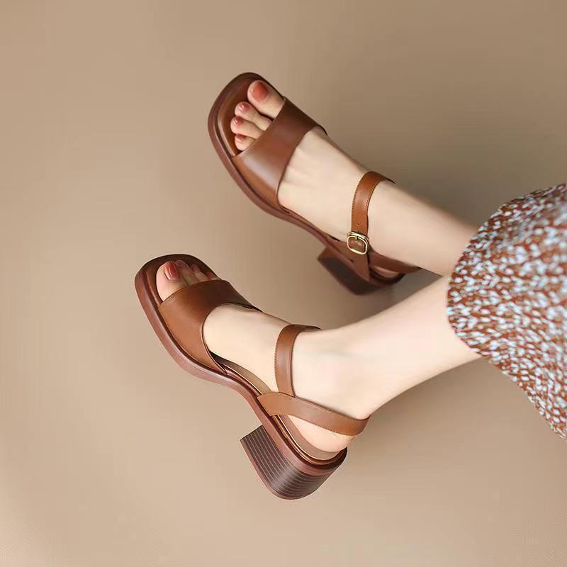 Real Soft Leather French Sandals Female Square Toe foto 5