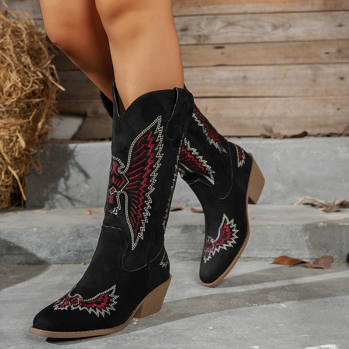 Suede Embroidery Mid Heel Knight Boots Large Size Thick Heel Cowboy Boot foto 3