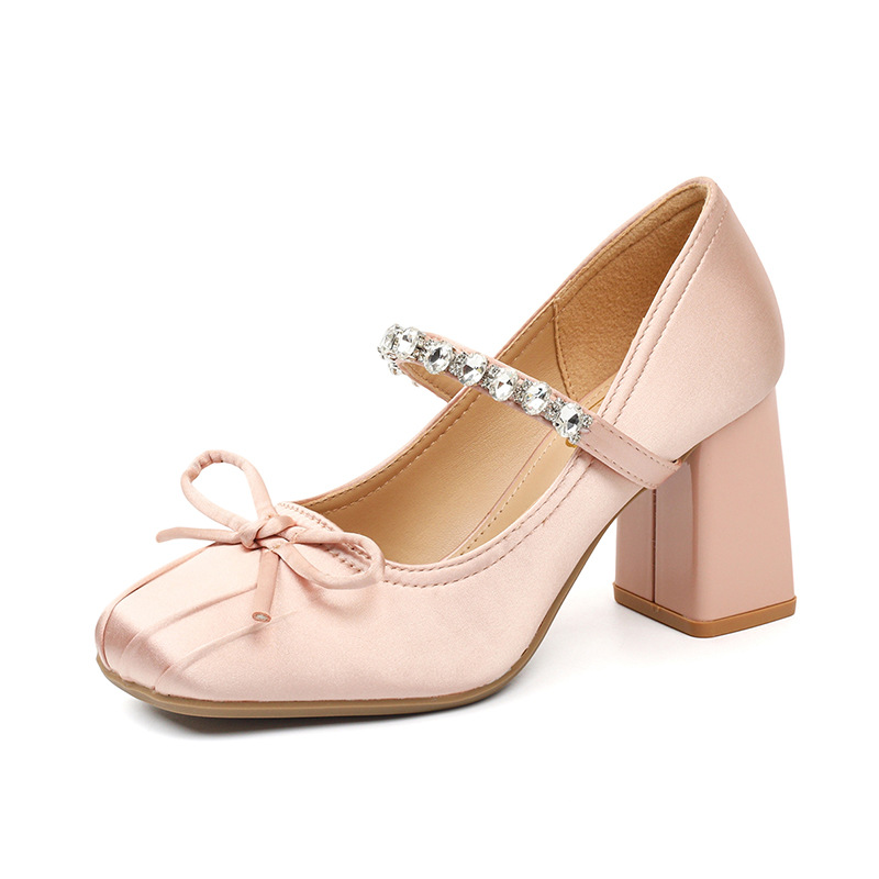 Women's Bow-Tied Square-Toe Rhinestone Chunky Heel High Heels foto 3