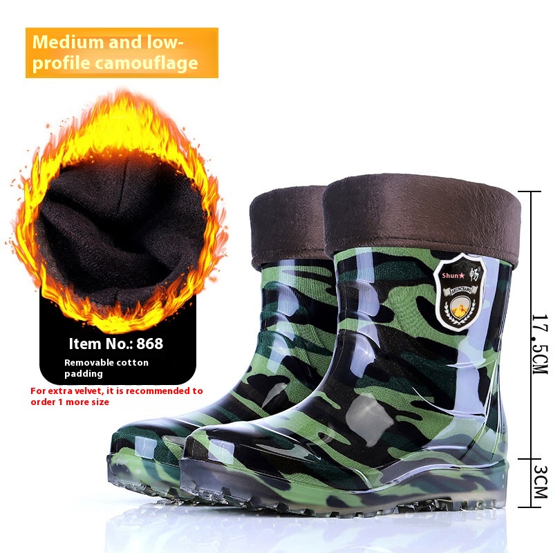 Popular Men's Tendon Bottom Camouflage Wear-resistant Rain Boots Fleece-lined Warm foto 2