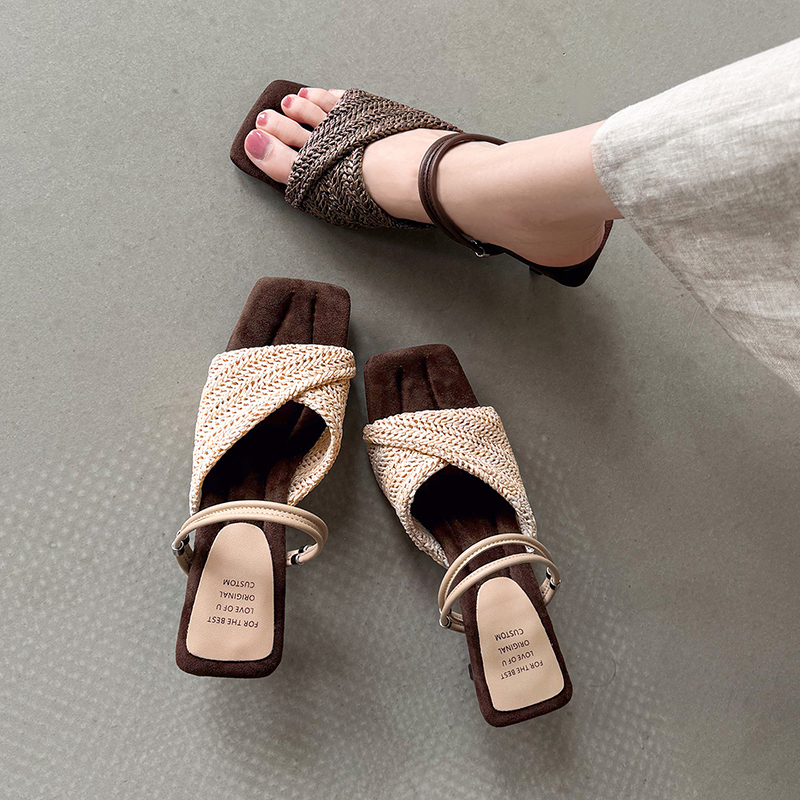 Women's Handmade Woven Raffia Two-Way Kitten Heel Sandals, Square-Toe Convertible Mule Slides foto 4