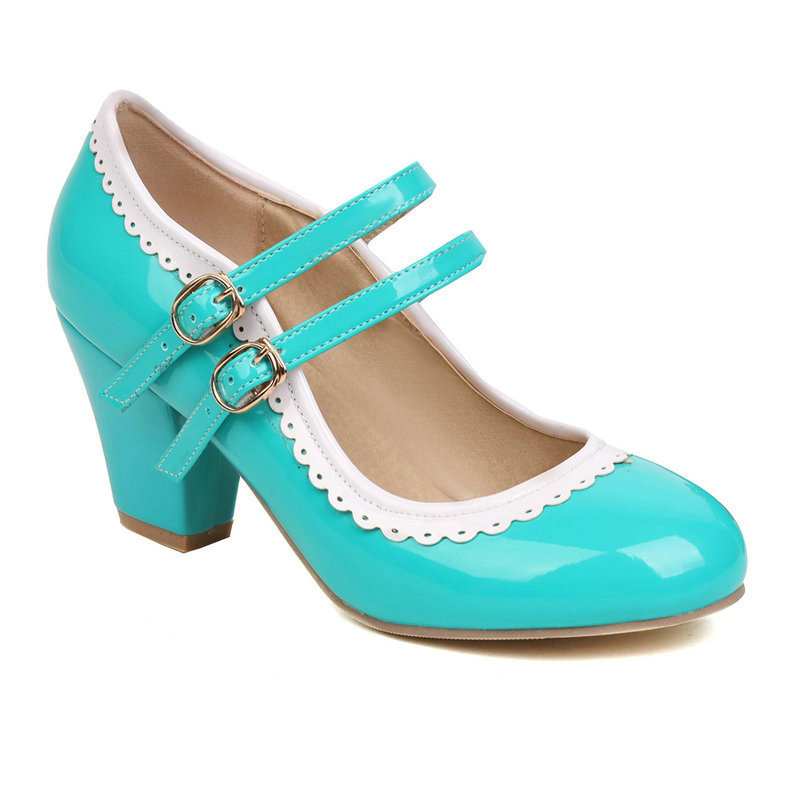 Womens Round-toe Patent Leather Chunky-heeled High Heels In Candy Colors foto 3