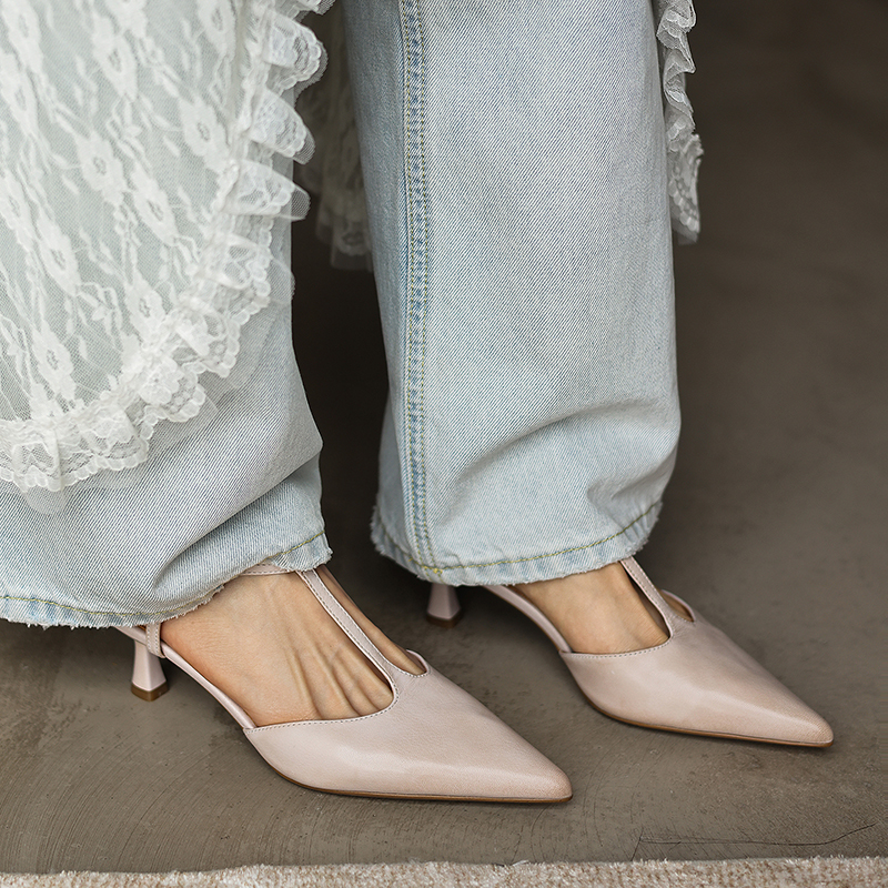 Women's Handmade Washed Full-Grain Lambskin T-Strap Slingback Heels, Vintage Pointed Toe Kitten Heel Sandals foto 4