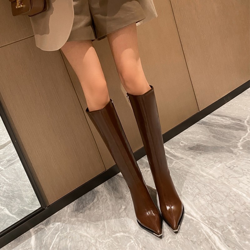 Soft Leather Pointed Toe Thick High Heel Long Boots foto 5