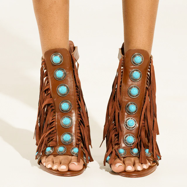 Women's Zipper Round Toe Hollow Tassel Sandals foto 5