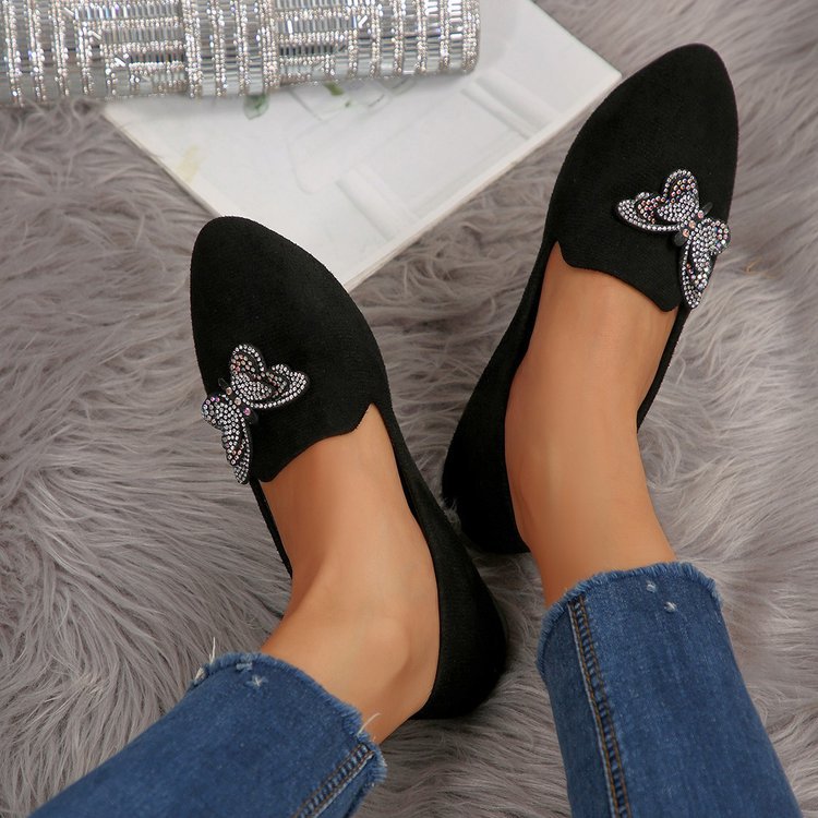 Arrival Black Flat-Heeled Butterfly Shoes Womens Suede Pointed-toe Slip-on Loafers Comfortable Shallow-mouth Pumps foto 4