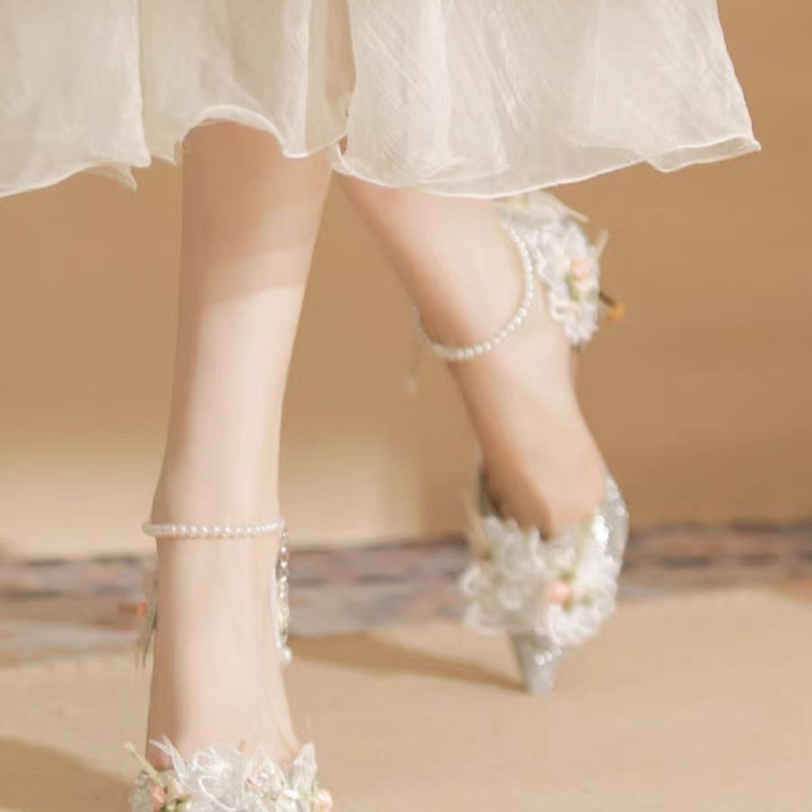 New Pointed Lace Flower Pearl Bow Tie Shoes foto 4