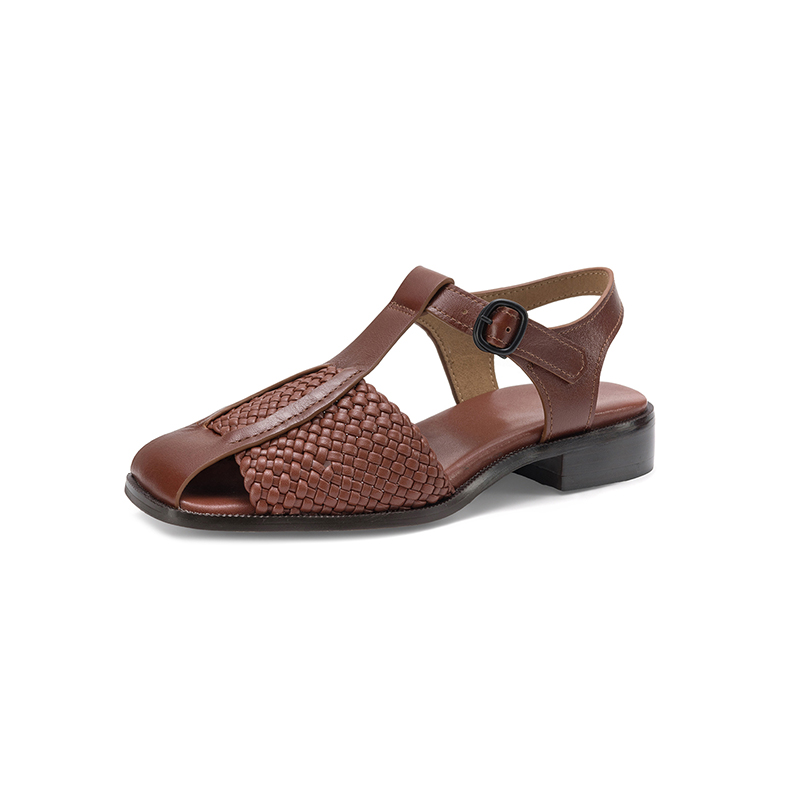 Women's Washed Full Grain Leather Woven T-Strap Sandals, Square Toe Block Heel Closed-Toe Shoes foto 5