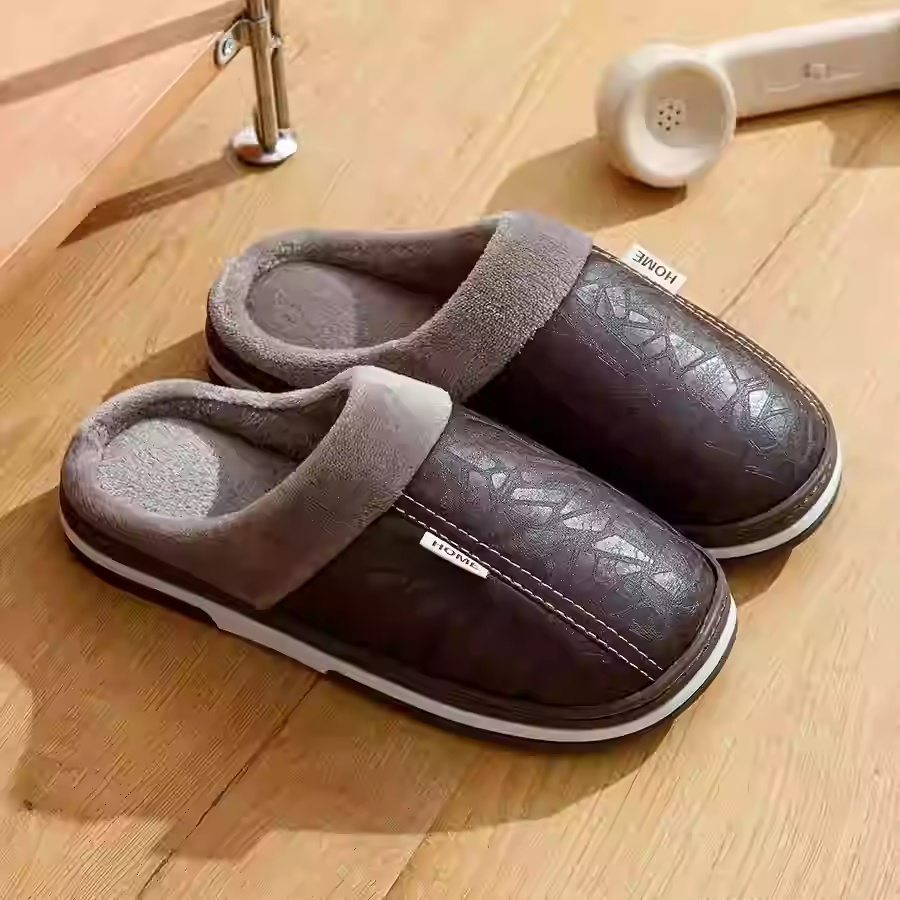 PU Leather Big Sizes Slippers Indoor Waterproof Fur Flat