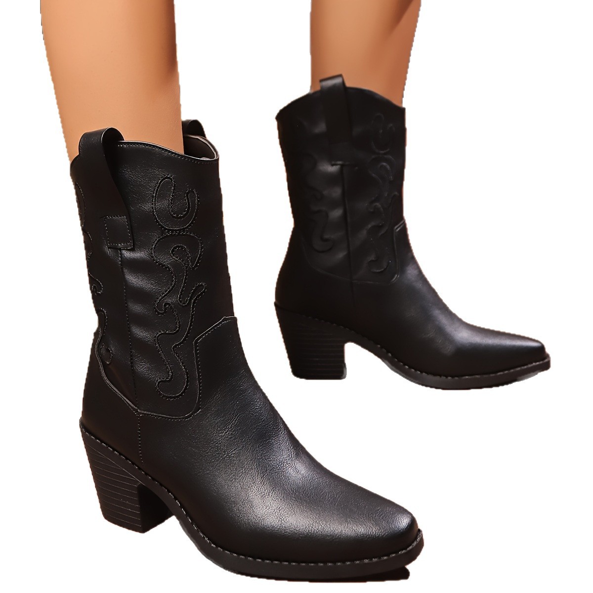 British Style Chunky Heel Mid-calf Pointed Toe Plus Size Ankle Boots foto 5