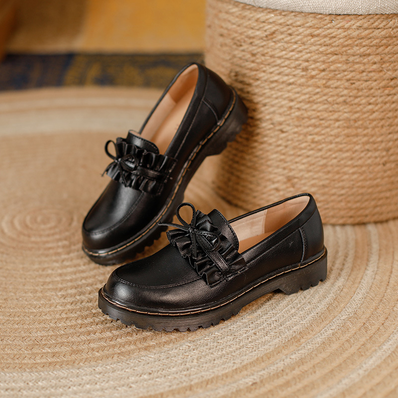 British Style Round Head Chunky Heel Small Leather Shoes For Women foto 3