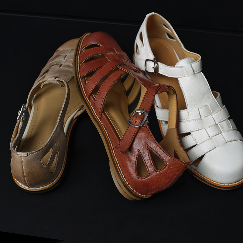 Women's Premium Washed Full Grain Leather Fisherman Sandals, Closed-Toe Woven T-Strap Flats foto 4