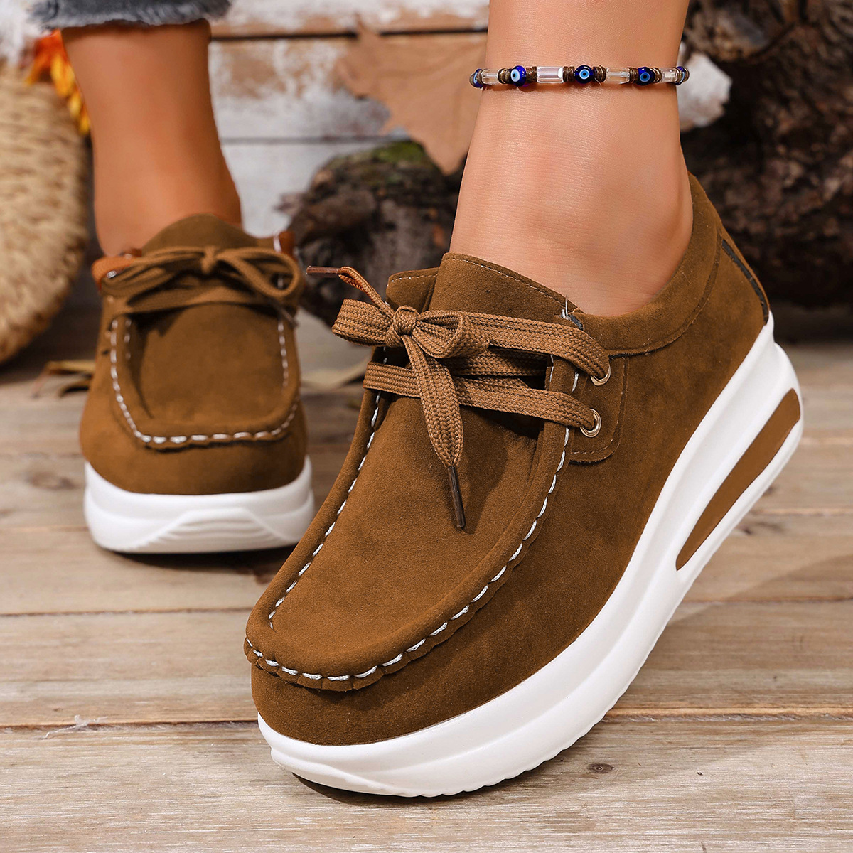 European And American-style Thick-soled Loafers With Front Laces And A Wedge Heelcasual Single-layer Shoes foto 5
