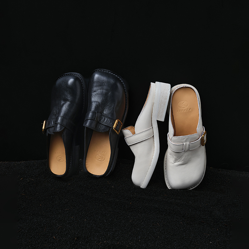 Women's Washed Full Grain Leather Buckle Mules, Retro Low Block Heel Backless Shoes foto 4