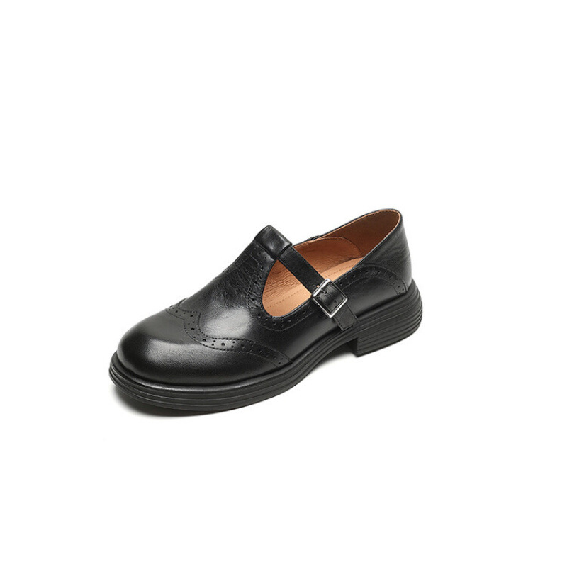 Women's Carved Chunky Heel Platform Round Toe Leather Shoes foto 4