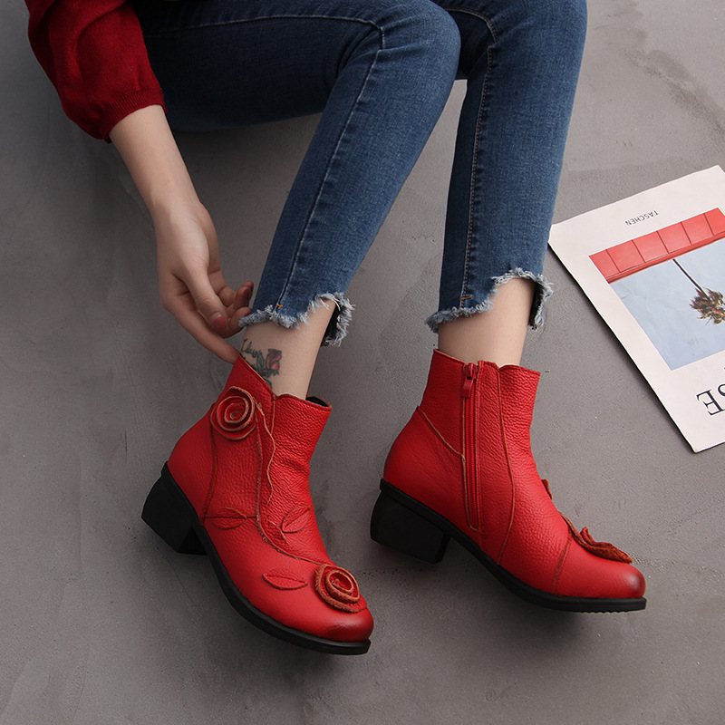 Chunky heel genuine leather ethnic style mid-heel Martin boots, handmade