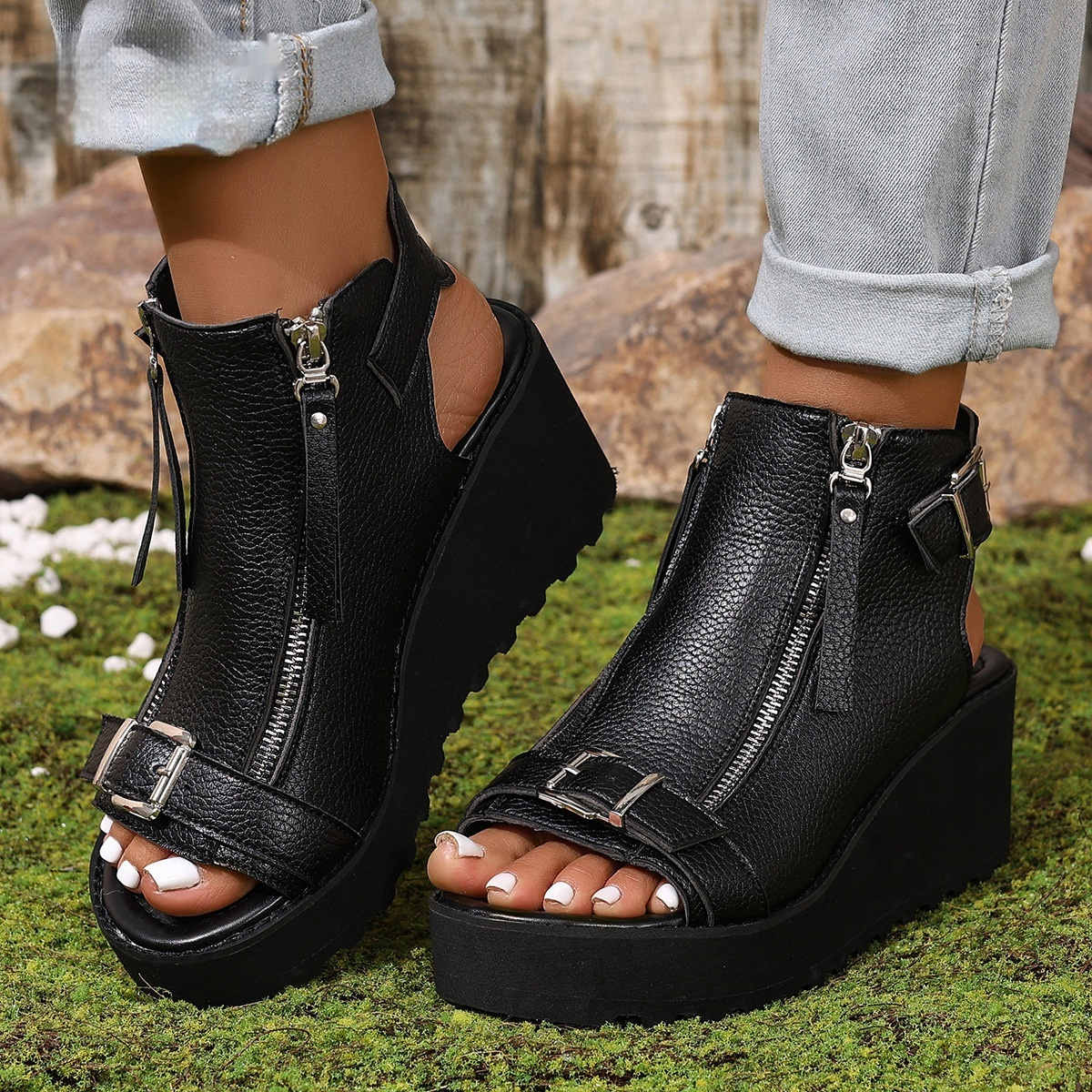 Round Toe Double Zipper Heel Buckle Hollow Women's Sandals foto 2