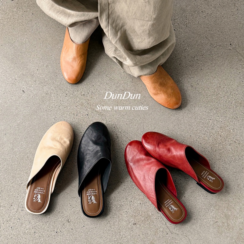 Women's Handmade Full-Grain Washed Leather Mule Slides, Round-Toe Slip-On Flat Shoes foto 2