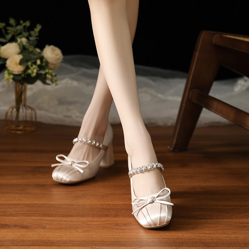 Women's Bow-Tied Square-Toe Rhinestone Chunky Heel High Heels foto 2