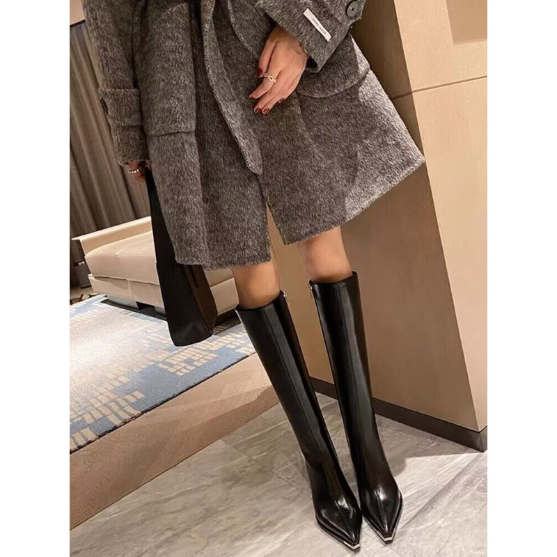 Soft Leather Pointed Toe Thick High Heel Long Boots foto 3