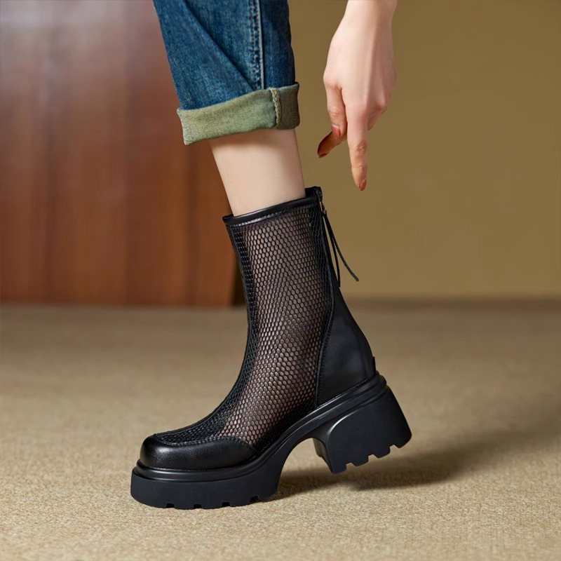 Summer Hollow Out Breathable Mesh Platform Chunky Heel Boot foto 2