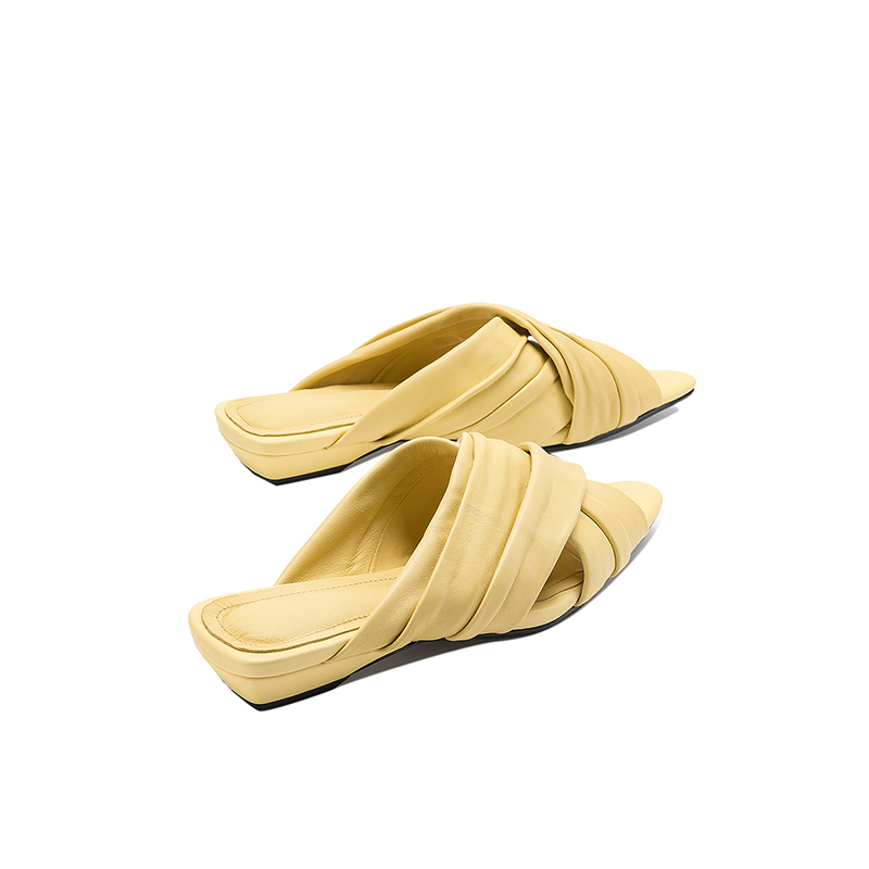 Women's Ruched Lambskin Slide Sandals, Square Toe Handmade Leather Flat Mules