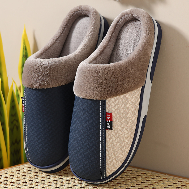 Winter Couple Cotton PU Leather Slippers Waterproof Home Indoor Keeping Cotton Slippers Wholesale foto 3