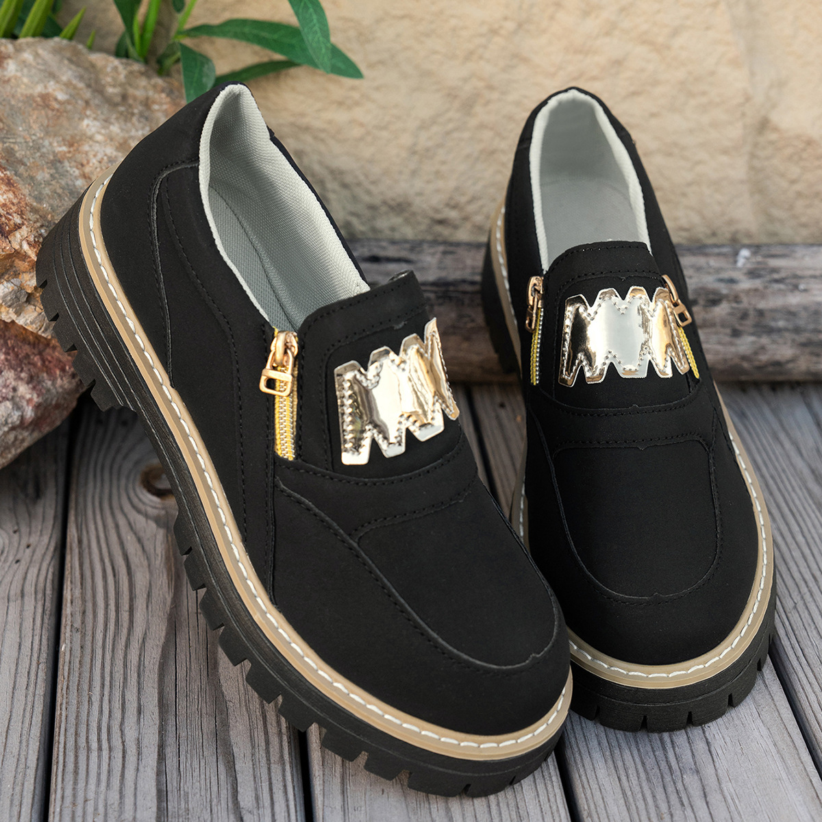 Womens Plus-Size Loafers With Side Zipper And Chunky Platform Sole foto 3
