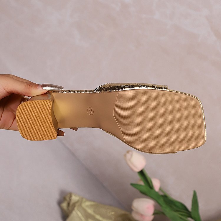Womens Shiny Chunky-heel Square-toe Sandals foto 3