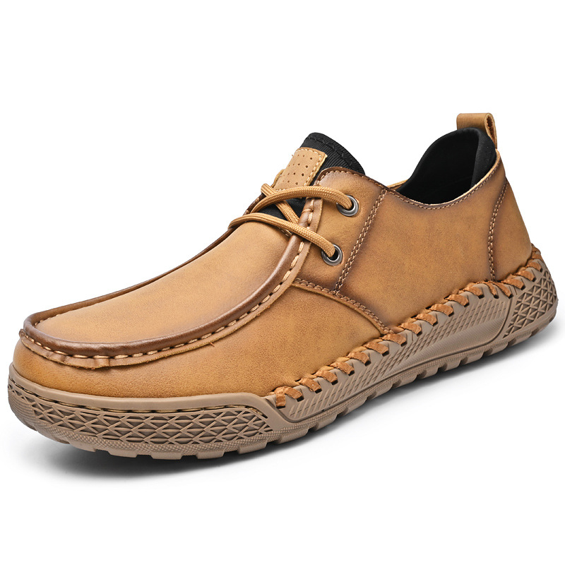 Men's Casual Leather Shoes Hand-stitched Bottom Lightweight Low Top