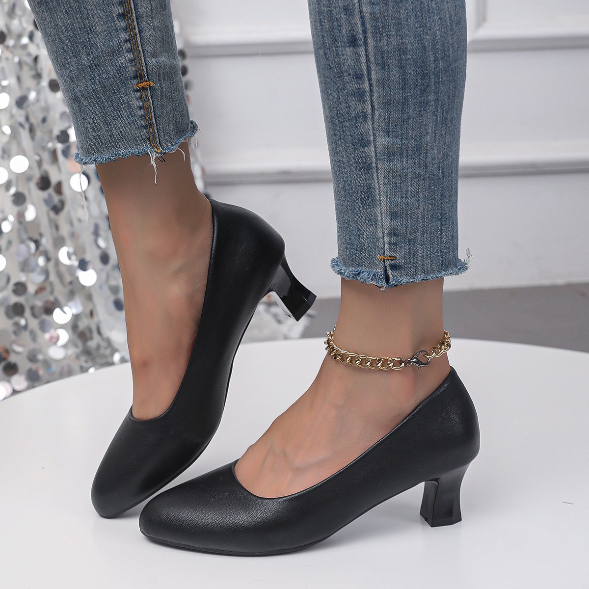 Chunky Heel Not Tired Feet High Heels Small Leather Shoes foto 5