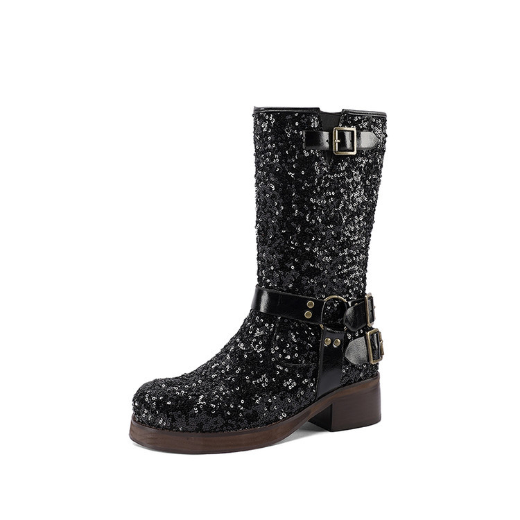 Womens Leather Mid-Calf Boots With Sequin Belt Buckles foto 4