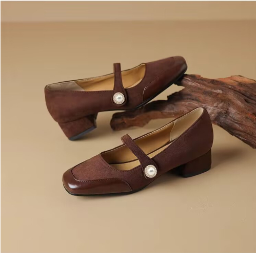 Women's Chunky Heel Suede Flat Low-cut Shoes foto 2