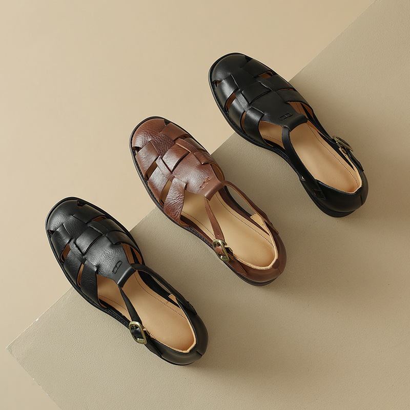 Round Toe Low Heel Leather French Retro Roman Sandals Flat Women's foto 2