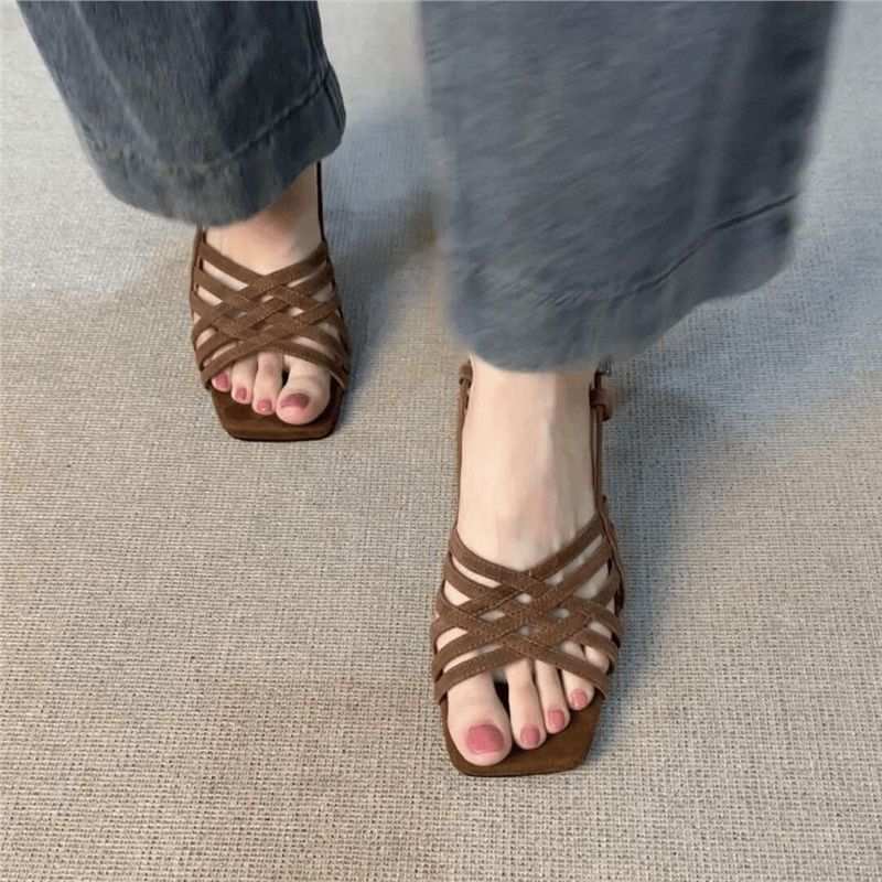 Retro Soft Leather Thin Cross Straps High Heel Sandals foto 3