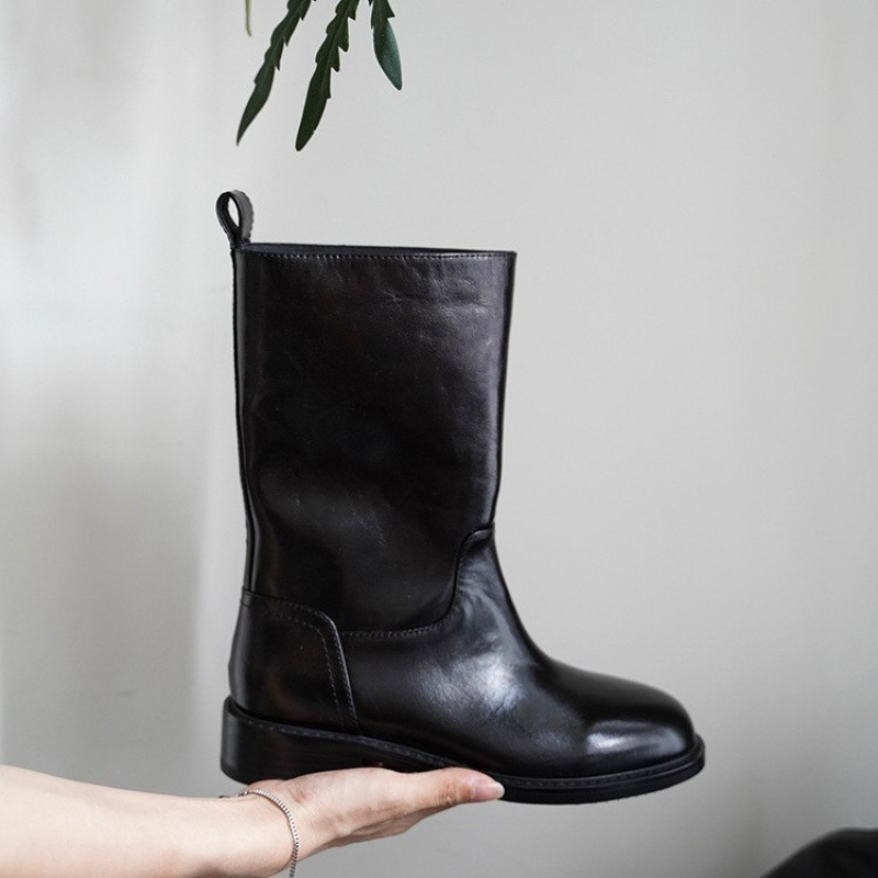 Genuine Leather Mid-calf Vintage Straight-leg Riding Single-layer Boots foto 5