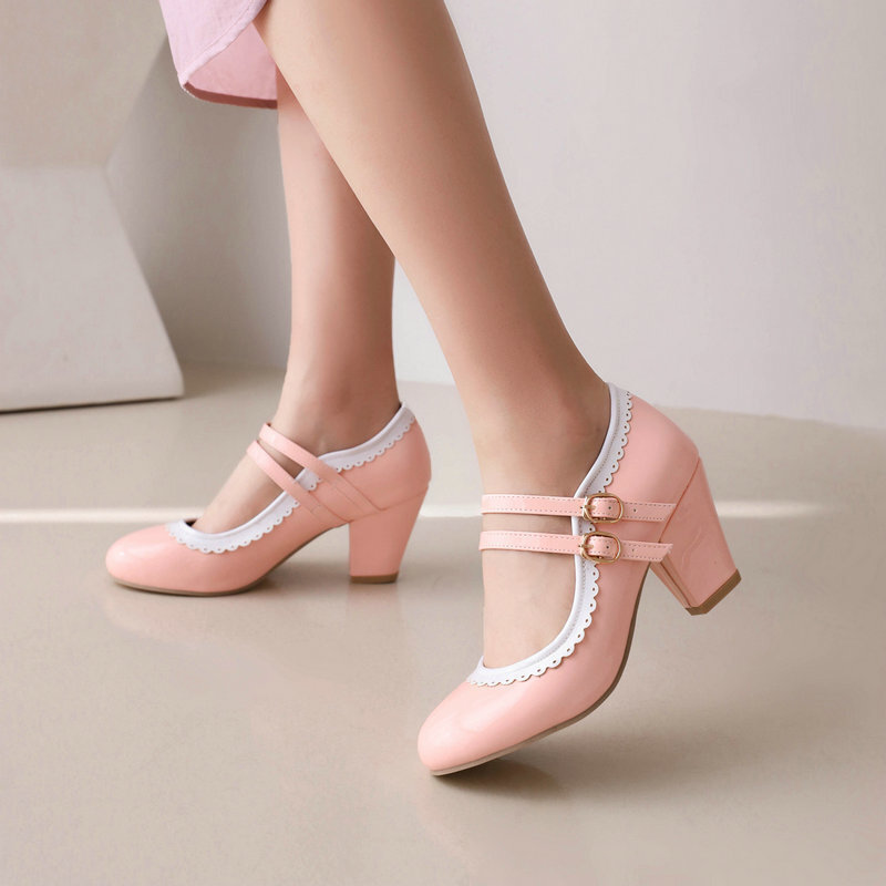 Womens Round-toe Patent Leather Chunky-heeled High Heels In Candy Colors foto 4