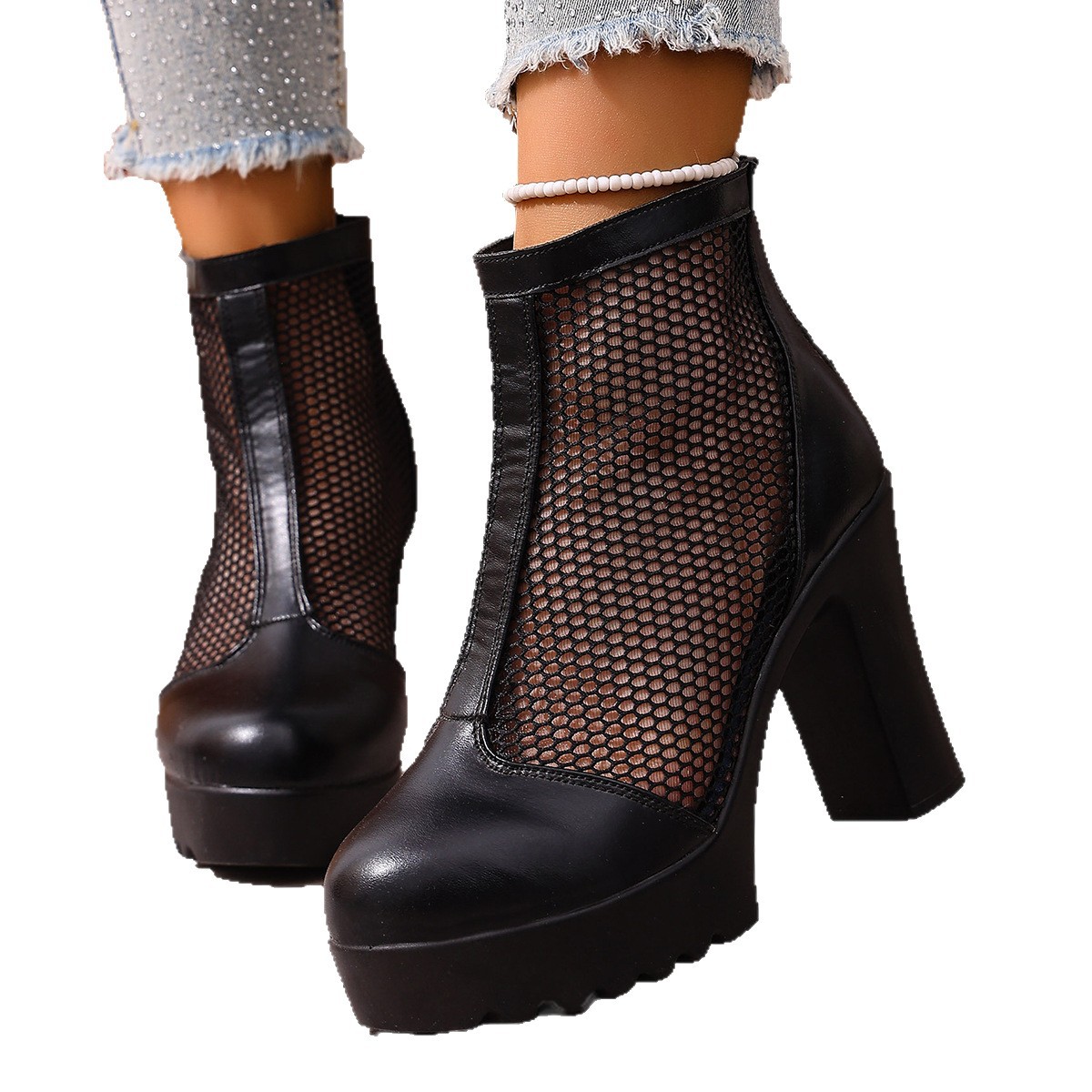 Womens Mesh Chunky Heel Fashion Ankle Boots With Back Zip foto 3
