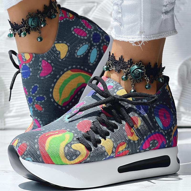 Women's Random Print Side Lace-Up Elastic Sport Shoes, Comfortable Slip-On Sneakers For Women, Casual Daily Wear Footwear foto 3